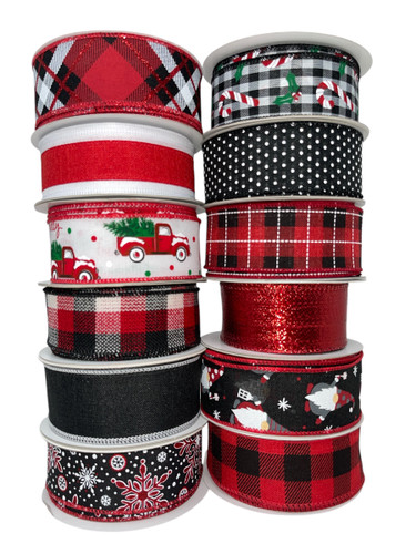 Red/White/Black Holiday #9 Wired Ribbon (12 PK) - Thompson Wholesale, Inc.