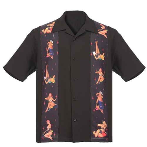 Steady Clothing Multi Pin Up Panel Button Up Bowling Shirt Black