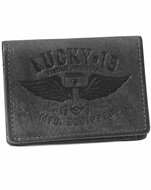 Lucky 13 Winged Piston Leather Card Holder Wallet Black