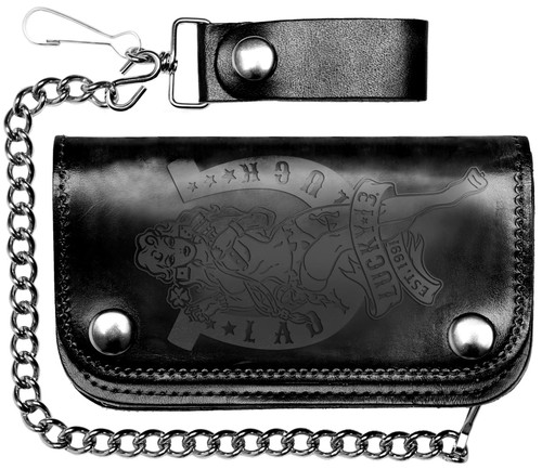 Lucky 13 Death or Glory Embossed Leather Chain Wallet Black