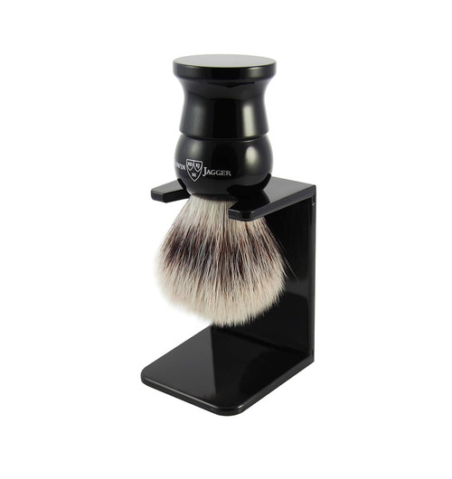 Edwin Jagger Silver Tip Synthetic Shaving Brush Ebony Medium With Stand