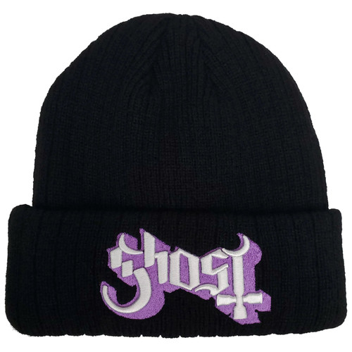Ghost 3D Embroidered Ribbed Knit Beanie Hat Black