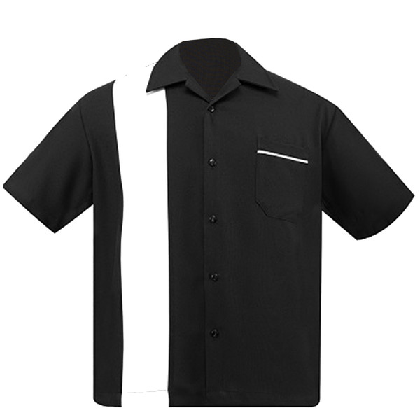 Steady Clothing Poplin Single Panel Bowling Shirt Black White ...