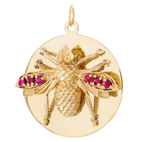 Vintage Ruby Studded Bee Disc 14K Gold Charm Vintage Ruby Studded Bee Disc 14K Gold Charm