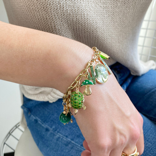 Charm, gold plated: Cactus with green cold enamel