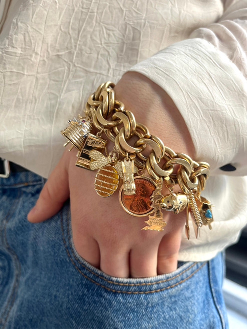 Vintage Triple Link 14k Charm Bracelet | Gold Charm Bracelet