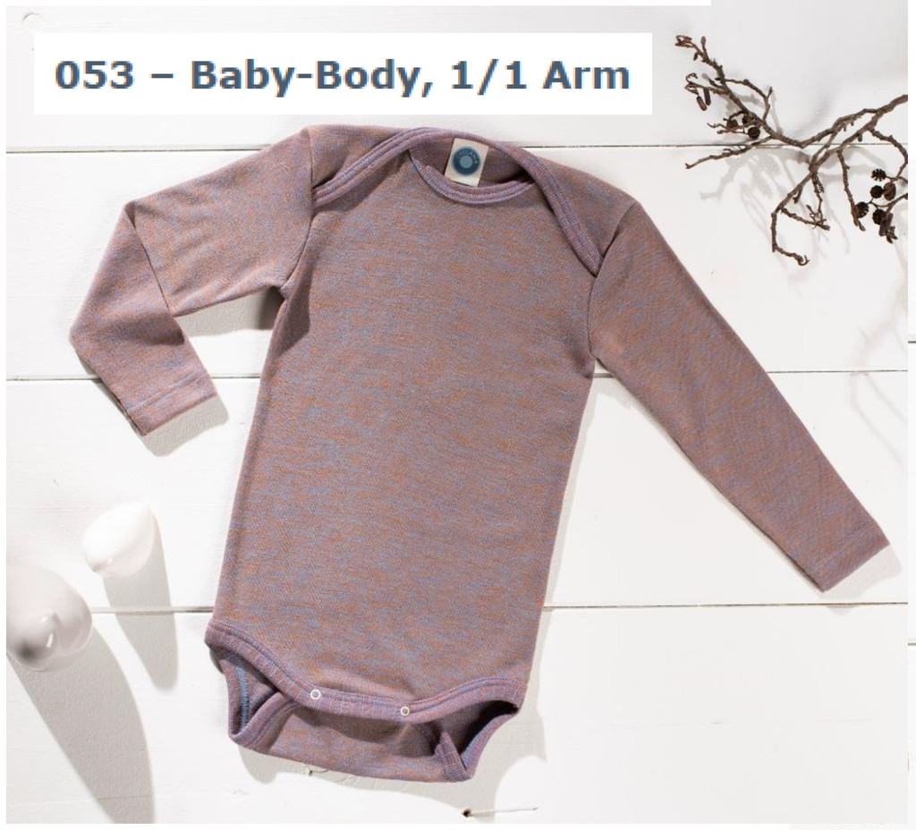 Organic Wool/ Silk Long-Sleeved Bodysuit
Color:  569 Ziegel/Blue Melange