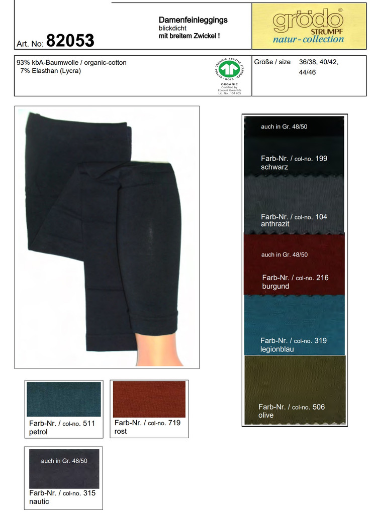 Organic Cotton Women's Dress Leggings  with gusset  | Grodo 82053