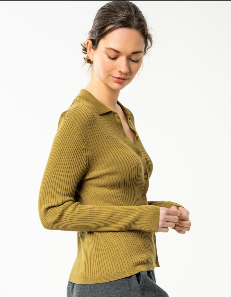 Ribbed cardigan with polo collar