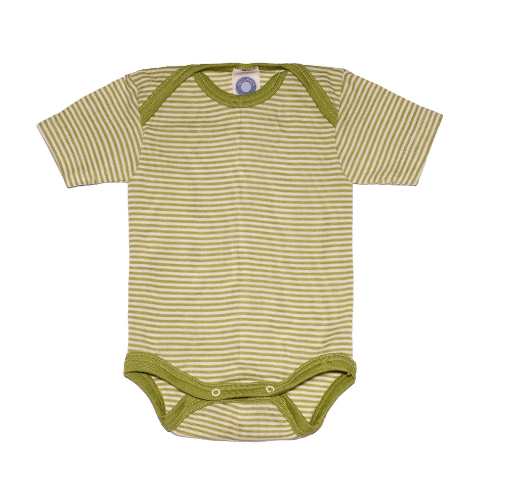 Cosilana Organic Wool/ Silk Short Sleeved Bodysuit
Color: green striped