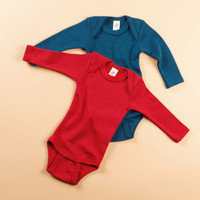 Merino Wool/ Silk Long Sleeved Bodysuit
Color: Light Ocean and Cherry Red