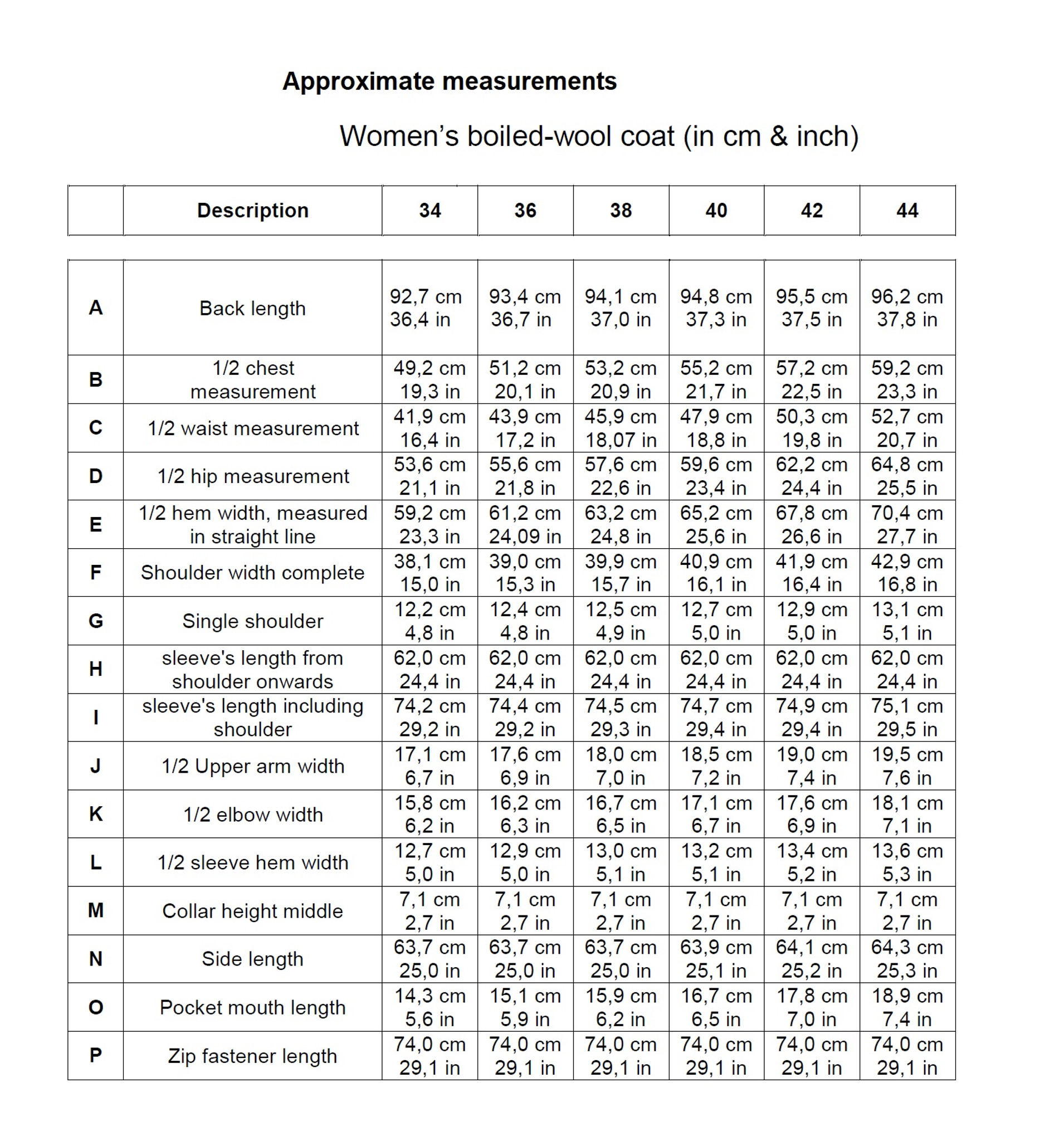 Womens Coat Size Chart