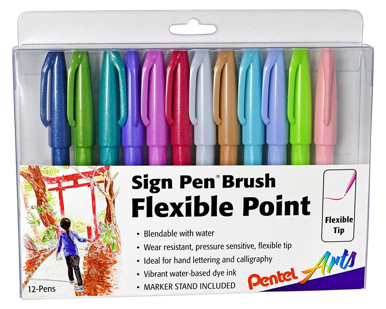 Pentel Arts Sign Pens with Brush Tip 12/Pkg Assorted Colors