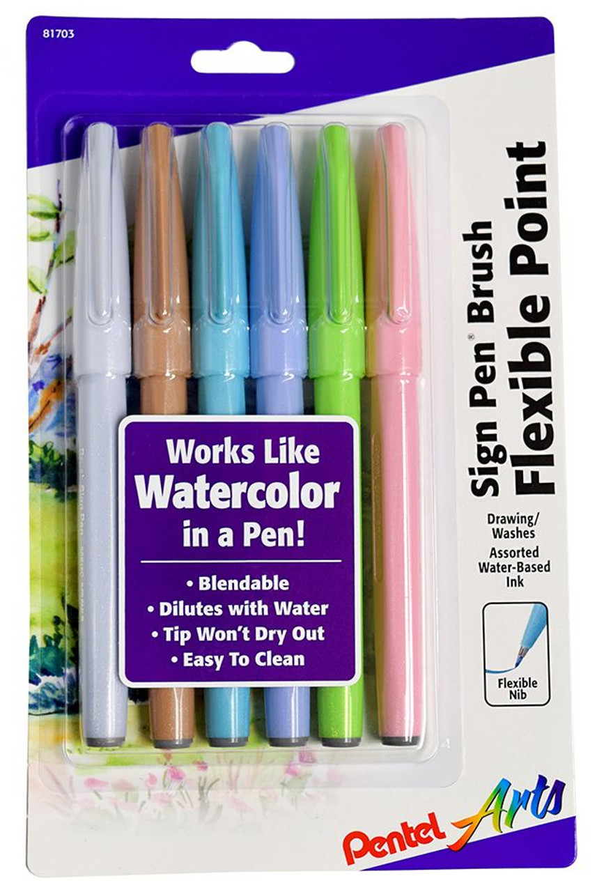 Pentel Arts Sign Pens with Brush Tip 6/Pkg