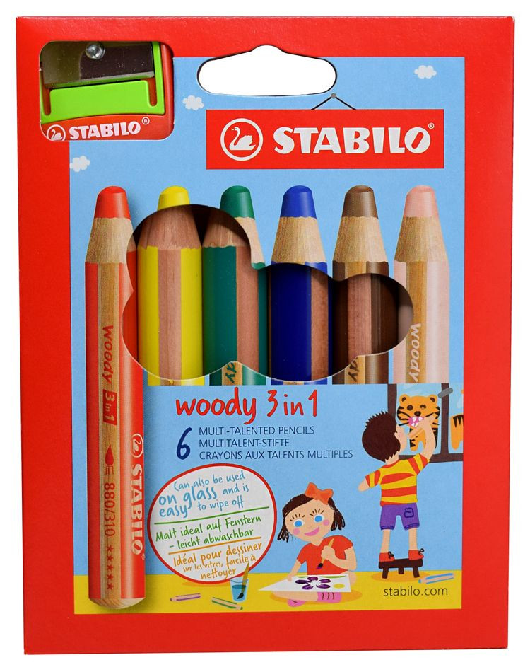 STABILO Woody 3-in-1 Set of 6 w/Sharpener | Marker Supply