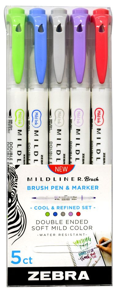 ペン Zebra Mildliner Double-Ended Brush Pen Set of 5- Cool & Refined