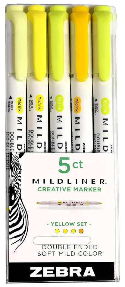 Zebra Mildliner Double Ended Highlighter 5 Pack Yellow Set