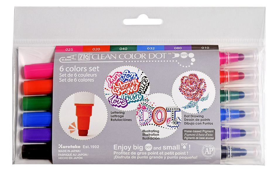 ZIG Clean Color DOT Marker Set of 6 Primary Colors