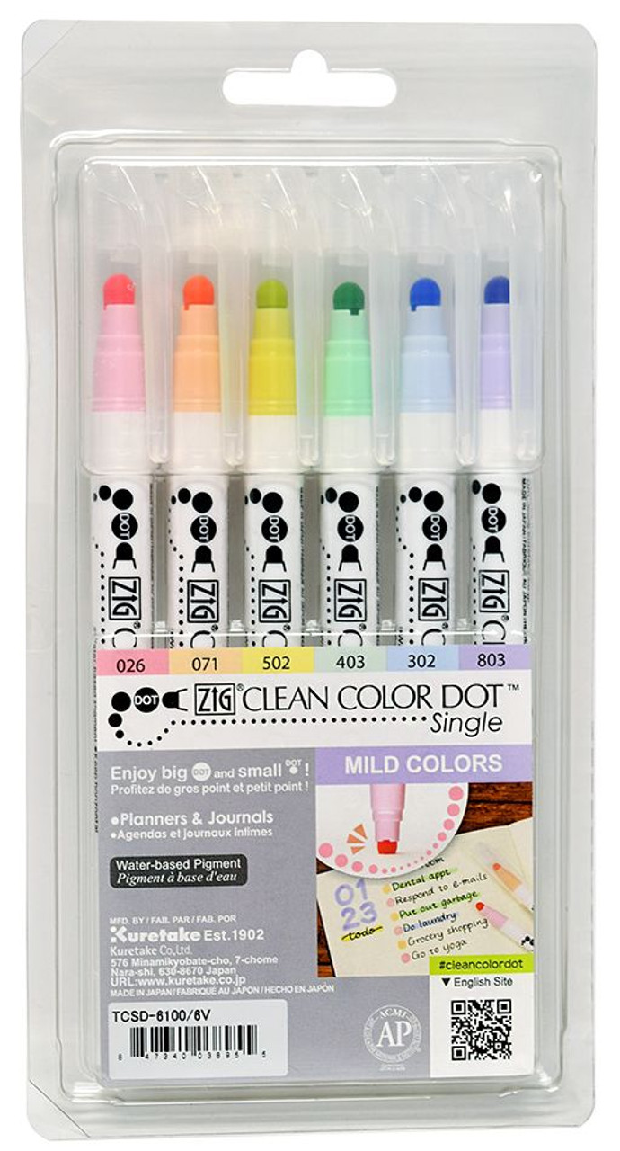 Zig Clean Color DOT Single-Ended Marker Set of 6, Mild Colors