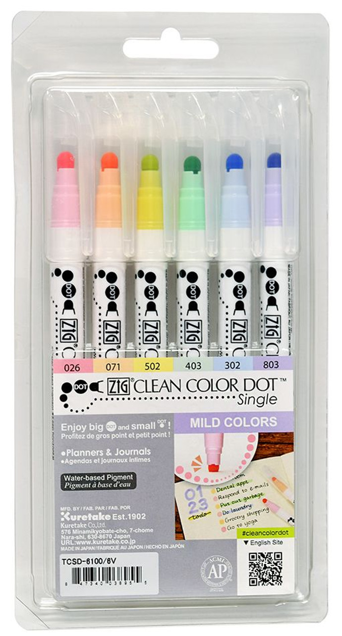 Zig Clean Color Dot Single-Ended Marker, Set of 6 Mild Colors