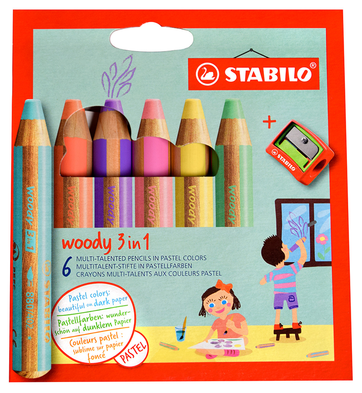 STABILO Woody 3-in-1 Set of 6 Pastel Colors w/Sharpener