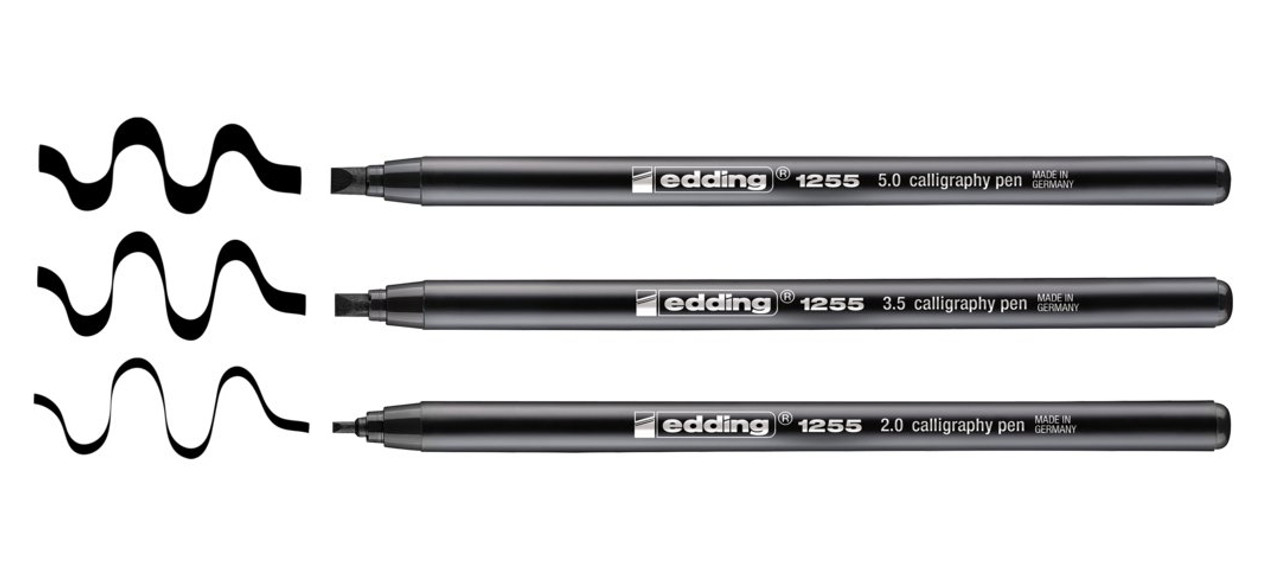 edding 1455 calligraphy marker - set of 3 markers - black, steel blue,  crimson lake - flexible calligraphy nib 1-5 mm - fibre pen for paper, wood