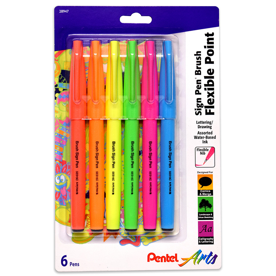 Pentel Touch Sign Pen Brush Tip Set of 6- Fluorescent Colors