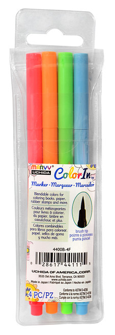 Marvy Color In Marker Set, flexible brush tip coloring pens in 4 neon colors