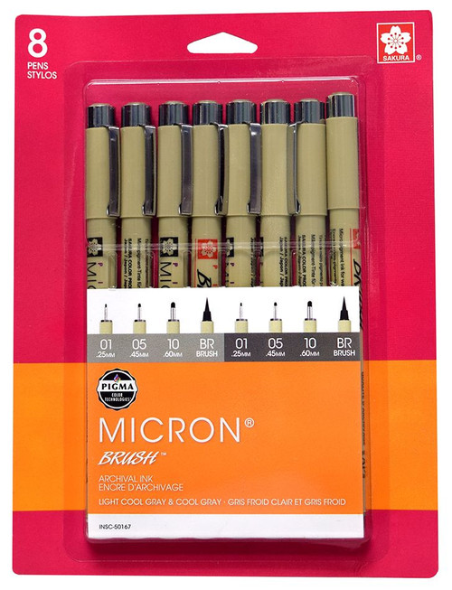 Sakura Pigma Micron Set of Cool Gray and Light Cool Gray in sizes 01, 05, 10, and a flexible fiber brush tip.