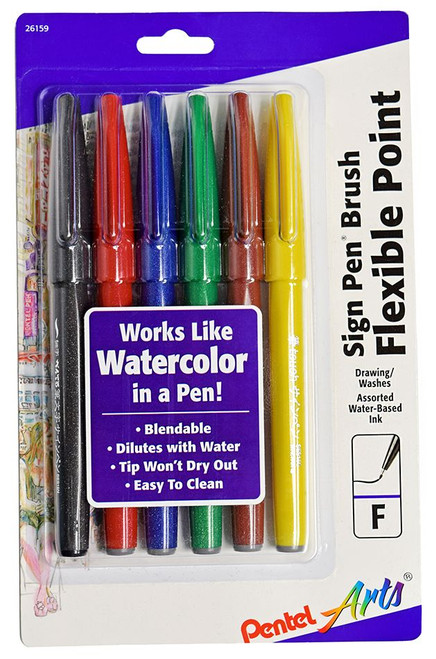 Pentel Touch Sign Pen with Brush Tip - Set of 6 Assorted Colors