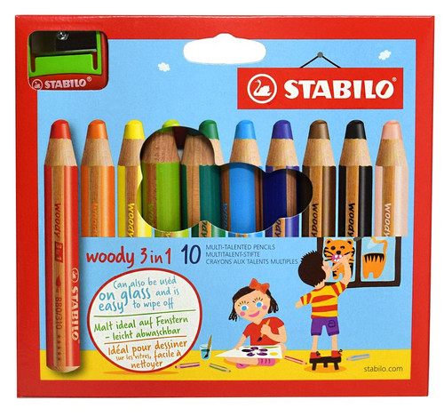 The Stabilo Woody 3-in-1 are "multi-talented pencils" that function as a colored pencil, wax crayon, and watercolor all in one Set of 10 with Sharpener