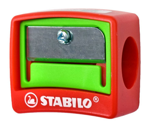 A special sharpener designed to fit the wide tips of the Stabilo Woody 3-in-1 Pencils.