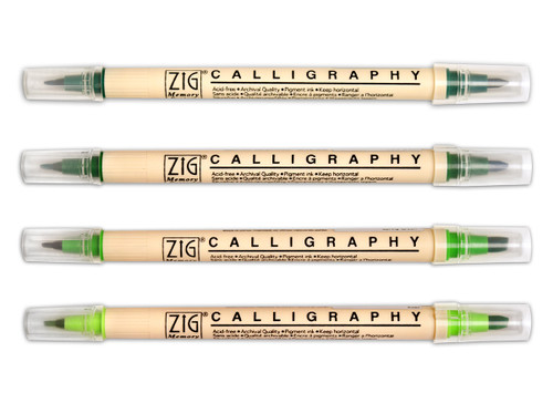 Zig Memory System MS3400 Calligraphy dual tip lettering marker set of 4 green color shades