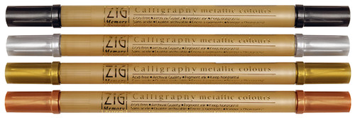 Set of 4 Double Ended Zig Calligraphy Metallic Markers in Copper, Gold, Silver, and Black