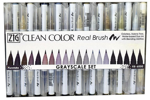 ZIG Clean Color Real Brush Marker Greyscale Set of 20
