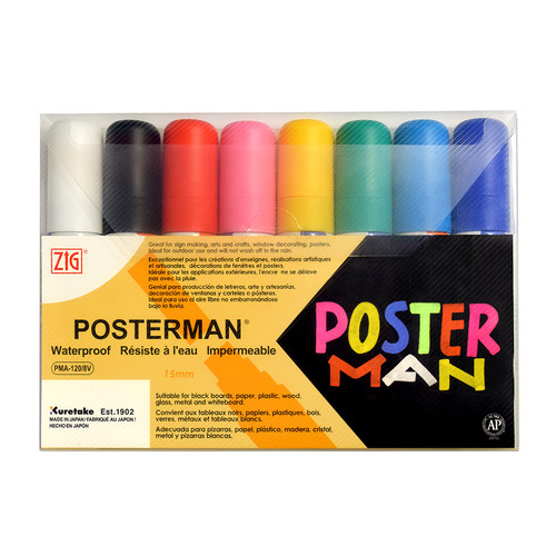 Zig Posterman Big and Broad 15mm tip Basic Set of 8 acrylic paint markers for windows, posters, signs and chalkboards