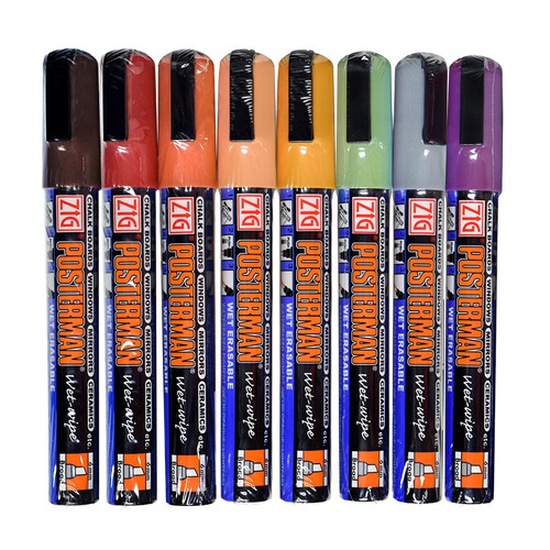 Zig Posterman Wet Wipe Broad Chisel Tip Set of Natural Colors Paint Markers