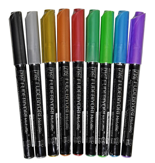 Zig Fudebiyori Brush Pen Complete Set of 9 metallic water based ink markers for art and lettering