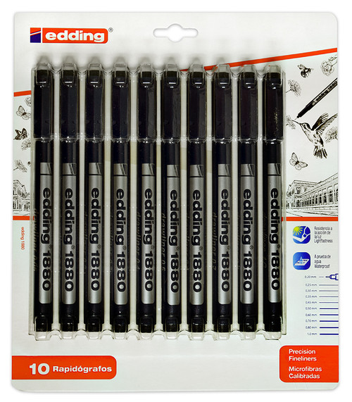 Edding 1880 Drawliner Complete Pack of all 10 assorted size precision fineliner pens