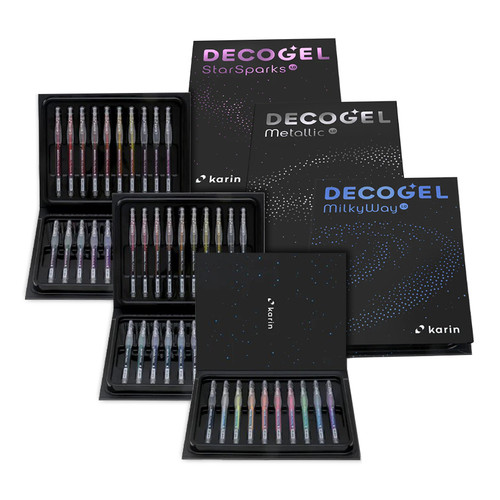 karin Deco Gel Complete Cosmic Collection of 50 pens- glitter StarSparks, fluorescent MilkyWay and shiny Metallic, 1mm roller ball tip