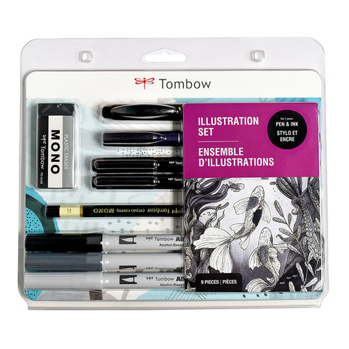 Tombow Illustration Set with black/gray pens and markers for learning pen and ink drawings/sketches