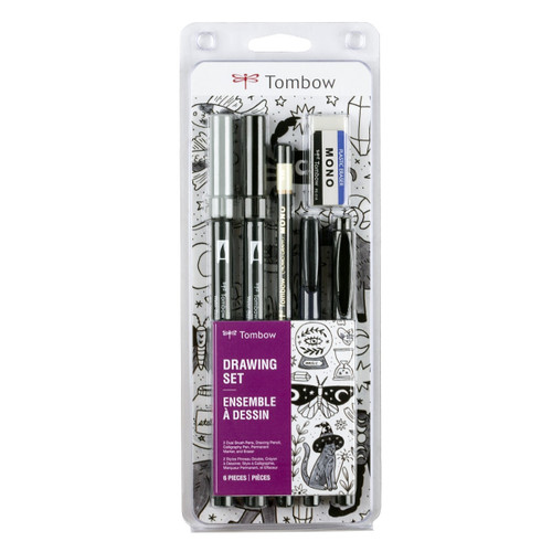 56303 Tombow Drawing Set- contains black and gray brush markers, ink pens, pencil and eraser for learning art techniques