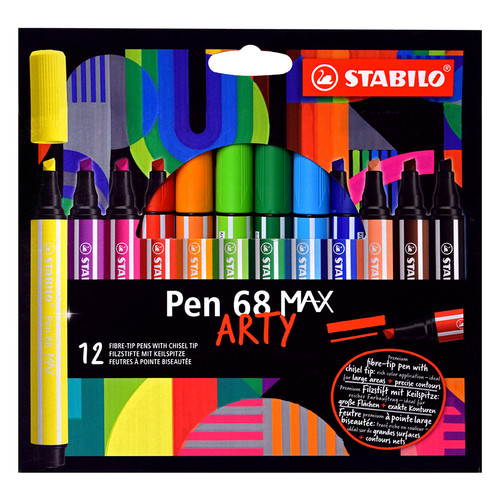 STABILO Pen 68 MAX Set of 12 slanted chisel tip markers for coloring and calligraphy