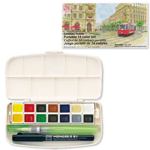 Kuretake Gansai Tambi Portable Watercolor set of 14 pan paints with black fineliner pen, waterbrush, and case