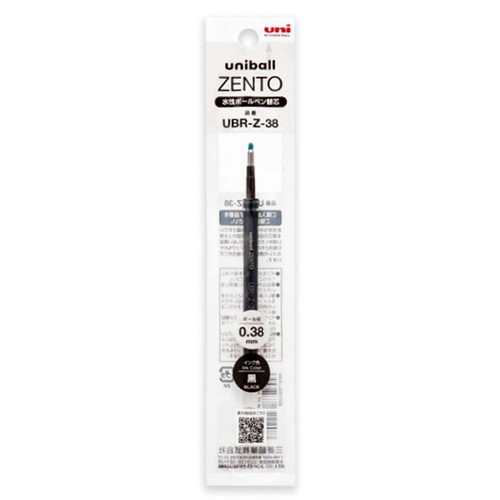 one black ink cartridge/tip refill for the uni-ball ZENTO Gel Pens with a .38mm tip