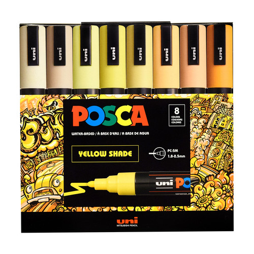 Uni Posca PC5M medium bullet tip acrylic paint marker set of 8 yellow color shades