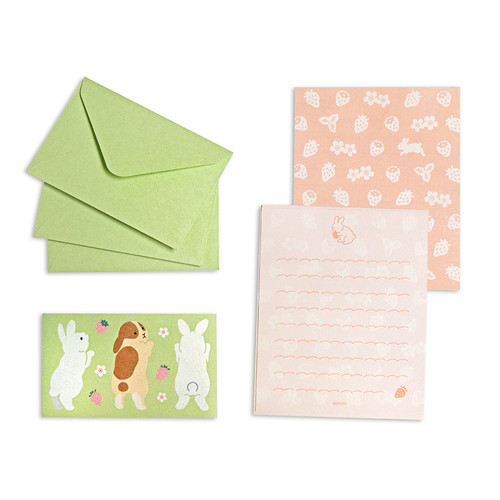 Midori mini letter set, cute japanese stationery pack with rabbit stickers, green envelopes and lined bunny paper sheets