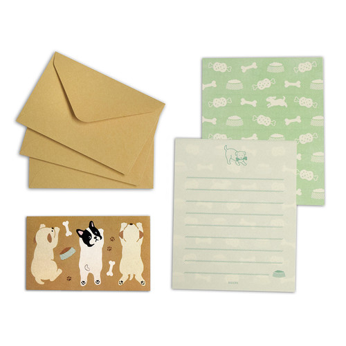 Midori mini letter set, cute japanese stationery pack with dog stickers, brown envelopes and lined puppy / bone paper sheets
