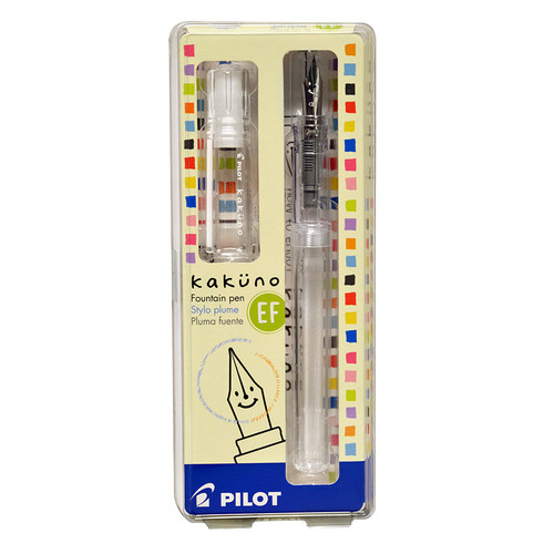 Pilot Kakuno Fountain Pens for beginners, Extra Fine Steel Nib and transparent clear barrel- also includes one black ink cartridge