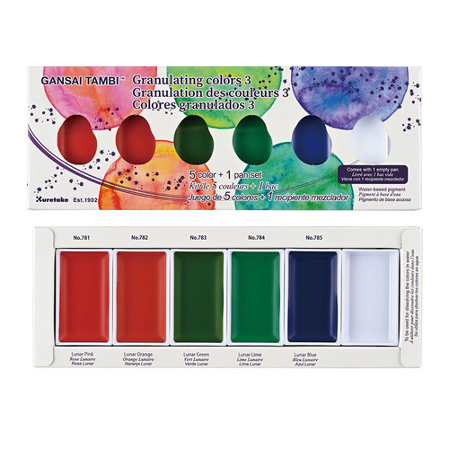 Gansai Tambi Watercolors 3 - Granulating Set of 5 Lunar UV Black Light color paints and empty mixing pan for creating special effects